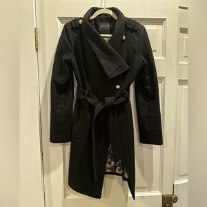 Guess Belted Drape Front Wool Coat Short like Reiss theory black